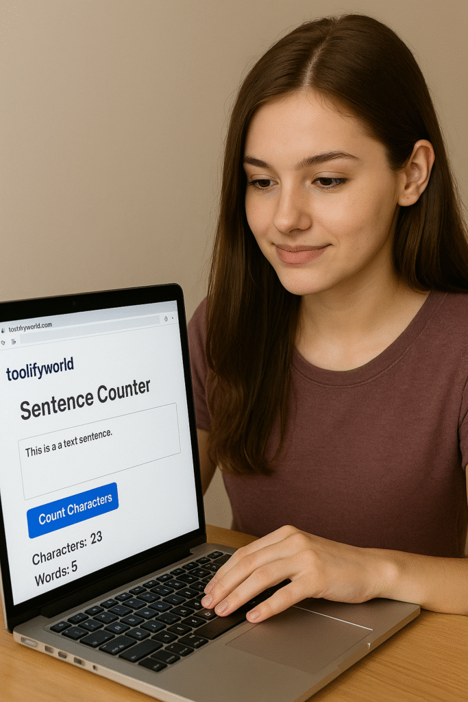 A young woman counting sentences, words, and paragraphs using an online sentence counter and book word count calculator.