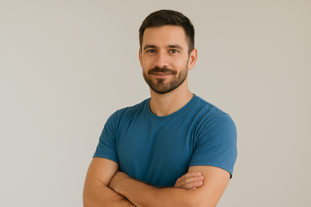 Young man standing confidently with folded arms — used in an article explaining how many years ago was 2006, ASQ calculator use, how to find someone's birthday, and born in 1996 how old.